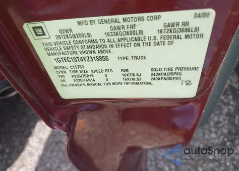 2000 GMC Sierra 1500 Sle from USA, damaged, VIN 1GTEC19T4YZ318856